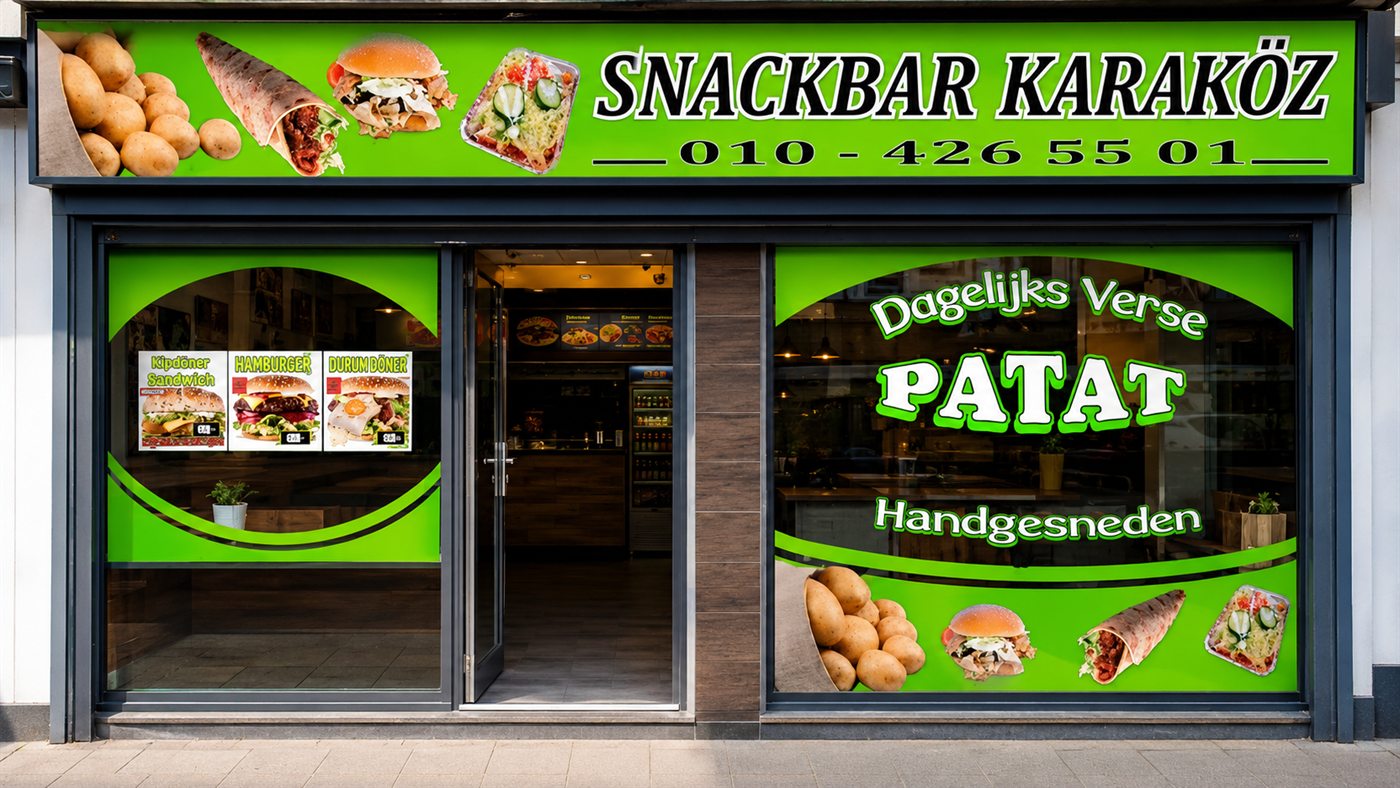 Groene gevel van Snackbar Karaköz aan de Rotterdamsedijk in Schiedam